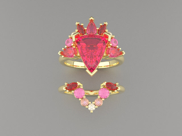 Cocktail Ring Peacock Heart on Fire Pink Tourmaline - 14K gold diamond, sapphire, pink tourmaline, rubelity and ruby