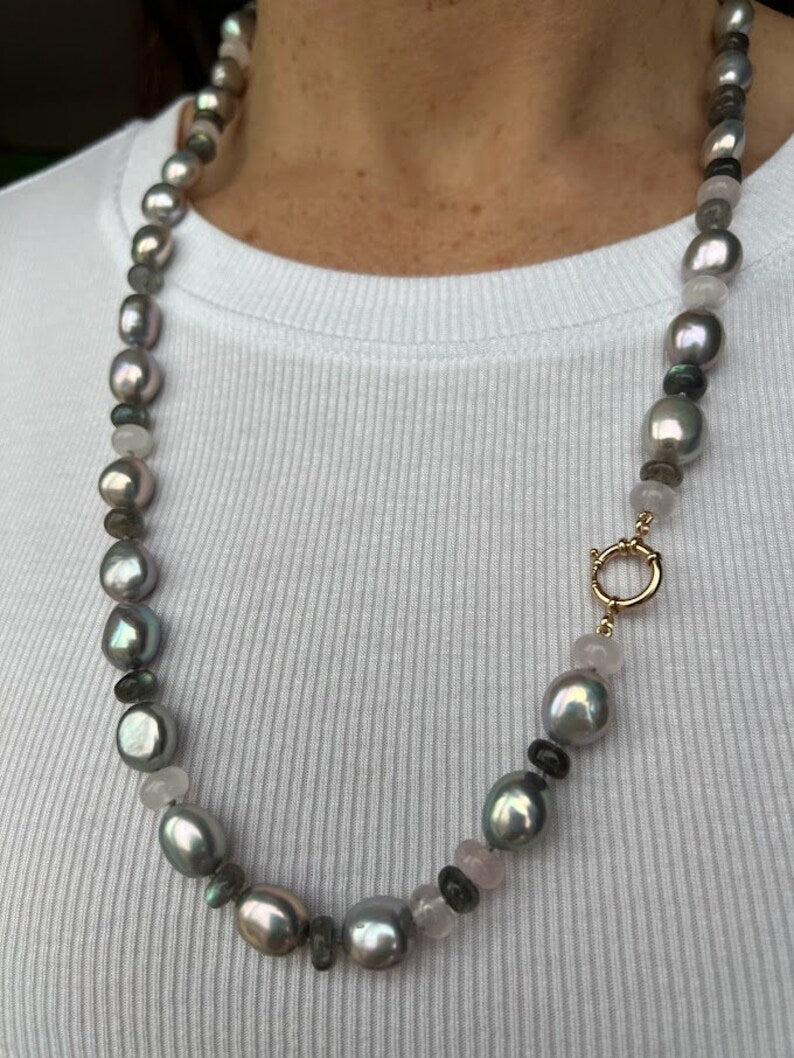 Gray pearl labradorite rose quartz beaded necklace with 14k sailor clasp