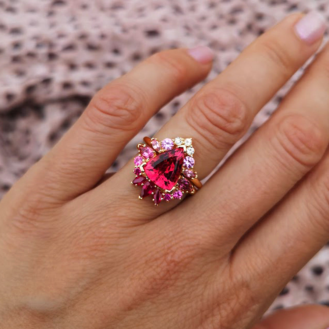 Cocktail Ring Peacock Heart on Fire Pink Tourmaline - 14K gold diamond, sapphire, pink tourmaline, rubelity and ruby