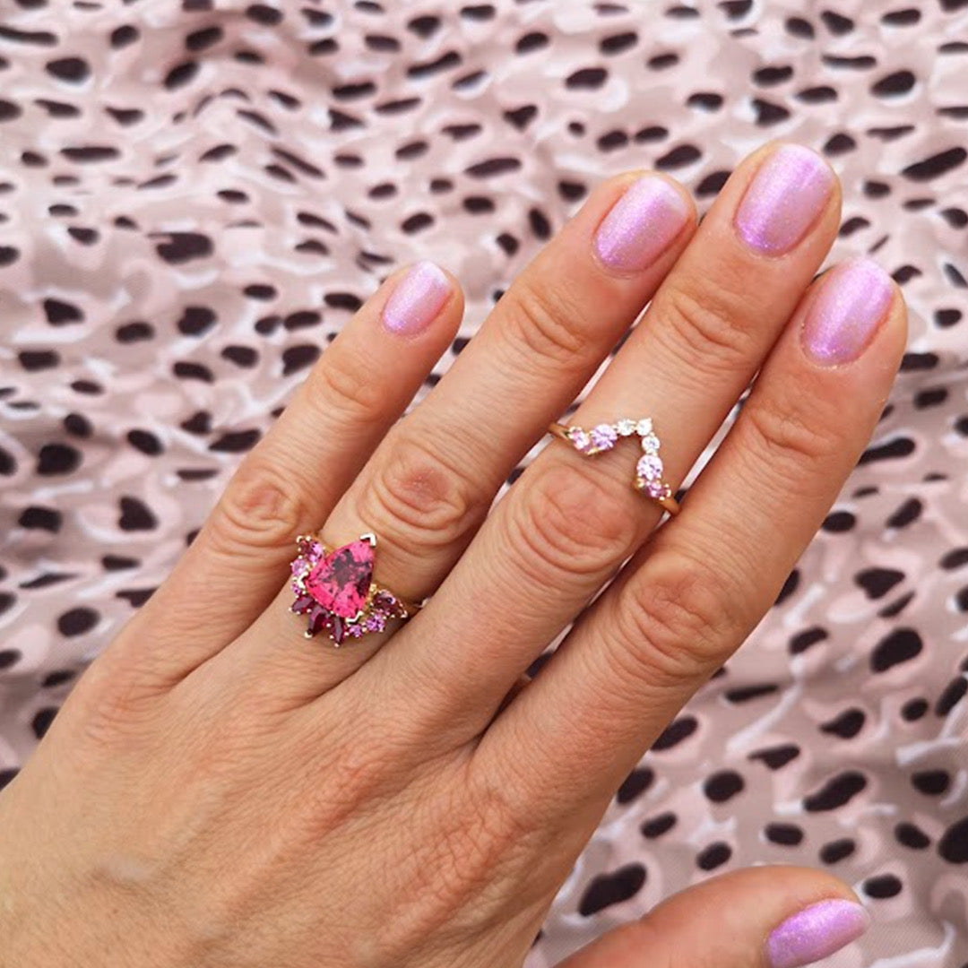 Cocktail Ring Peacock Heart on Fire Pink Tourmaline - 14K gold diamond, sapphire, pink tourmaline, rubelity and ruby