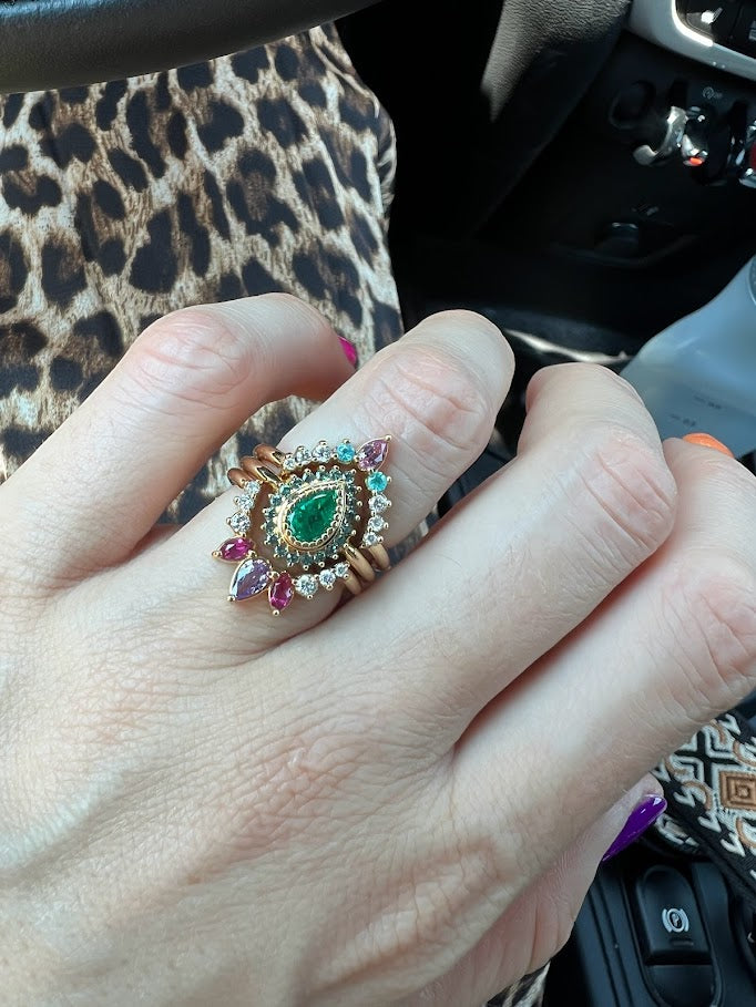 Cocktail Ring Peacock Emerald - 18K gold Emerald, Alexandrites and diamonds