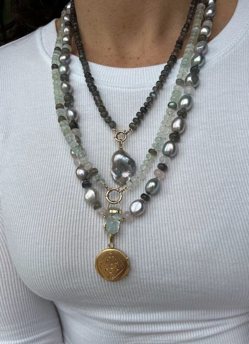 Moonstone aquamarine labradorite beaded necklace with 14K yellow mariner ring gold clasp