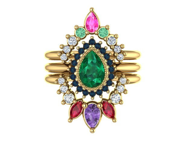 Cocktail Ring Peacock Emerald - 18K gold Emerald, Alexandrites and diamonds