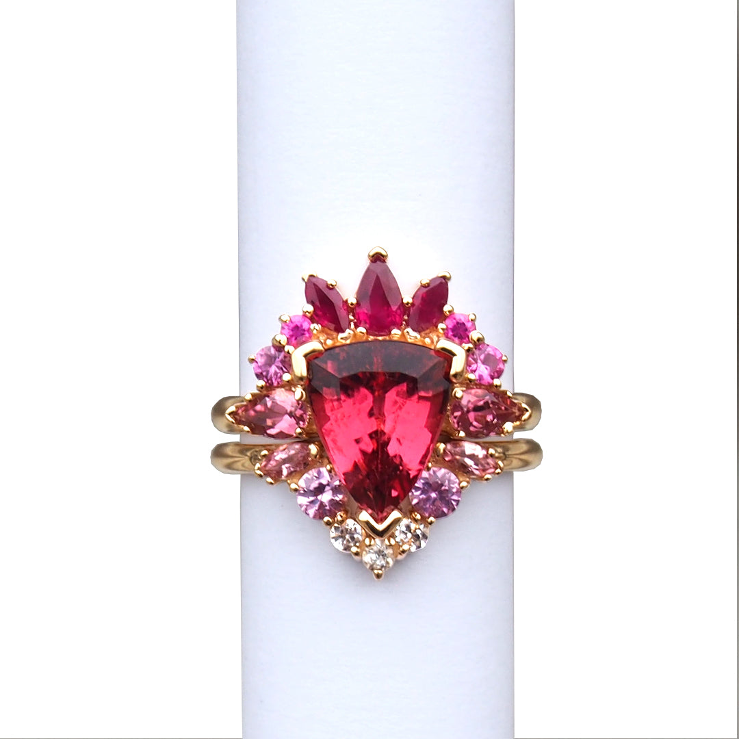Cocktail Ring Peacock Heart on Fire Pink Tourmaline - 14K gold diamond, sapphire, pink tourmaline, rubelity and ruby