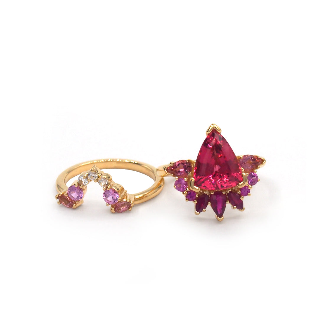 Cocktail Ring Peacock Heart on Fire Pink Tourmaline - 14K gold diamond, sapphire, pink tourmaline, rubelity and ruby