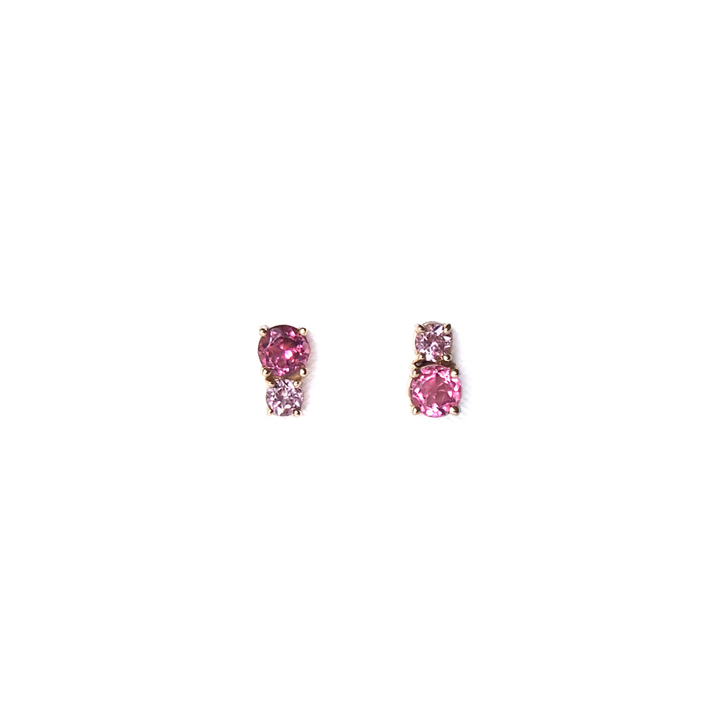 Solid 14k yellow gold Taffy Rose earrings featuring genuine pink tourmaline and rose de France amethyst stones from Lico Jewelry in Montreal