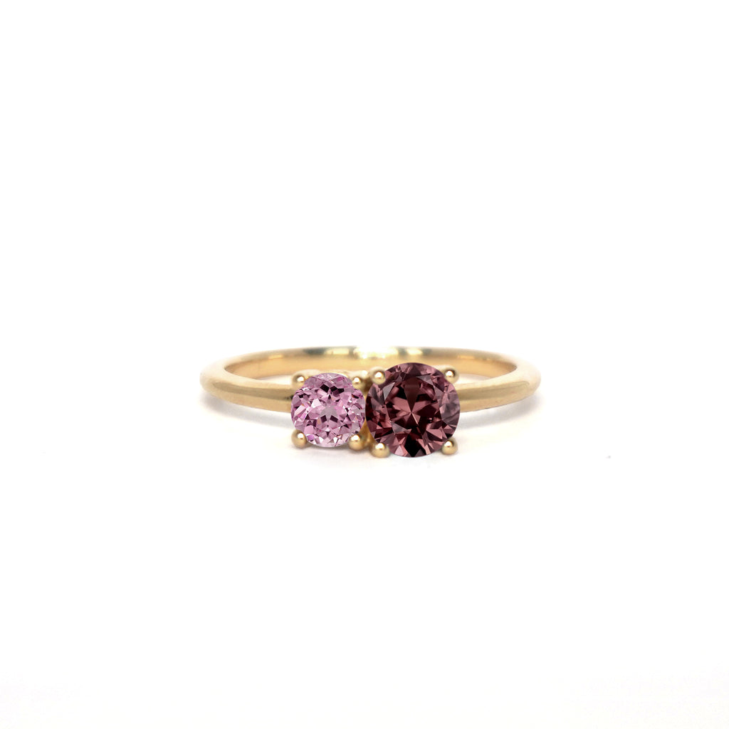 Muted Rose ring from Lico Jewelry, featuring a natural pink-brown zircon and pink spinel set in 14k yellow gold. Ideal as a stacking ring or a pop of color. December and August birthstones. Available now from Lico Jewelry in Montreal.
