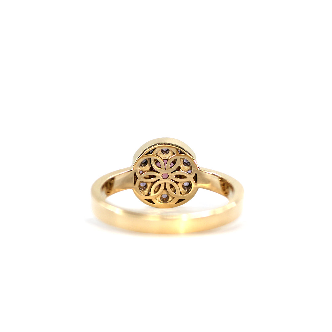 Back view of Mile End Sunset ring with milgrain halo and undergallery, set in 14k yellow gold from Lico Jewelry