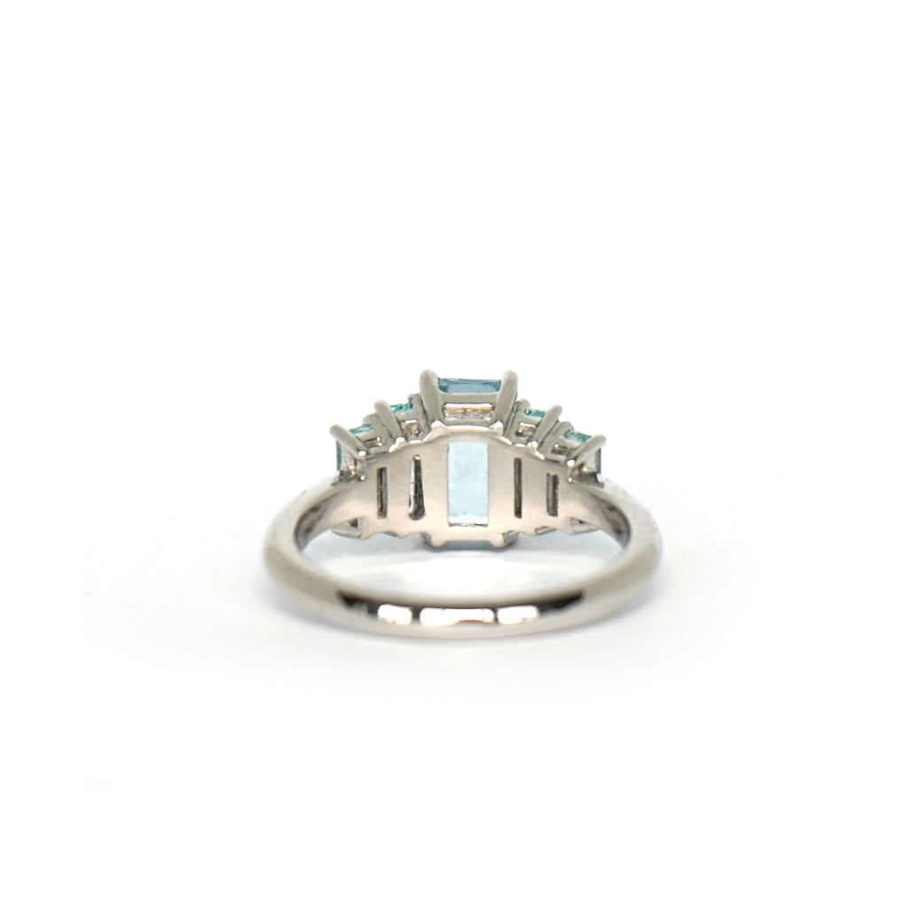 Back view of Marine Deco Ring in platinum with all aquamarine gemstones, handmade by Lico Jewelry in Montreal