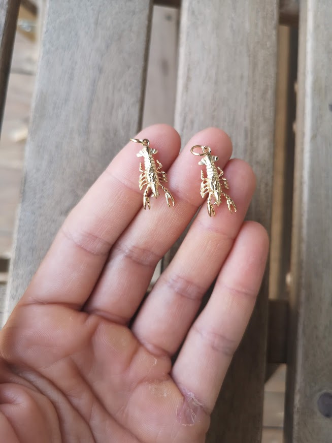 Two lobster charms held by woman's fingers with wood panels in the background - Lico Jewelry, Montreal