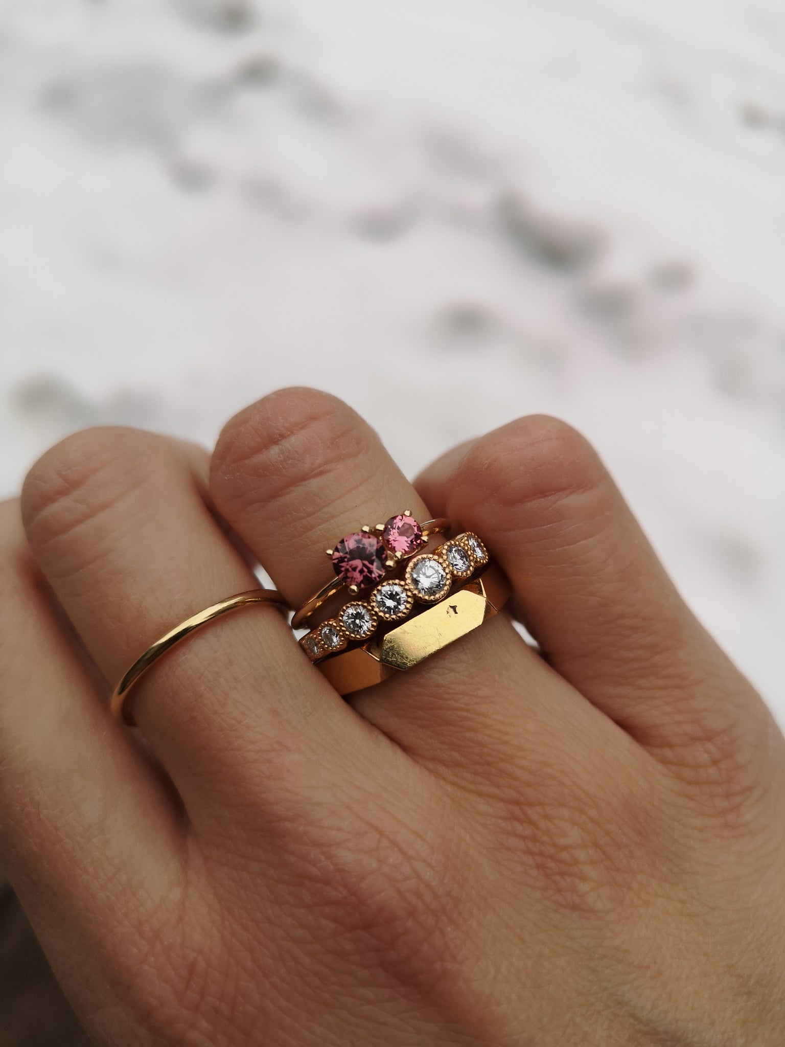 Wear the Muted Rose ring from Lico Jewelry as a stacking ring or alone for a pop of color. Featuring a natural pink-brown zircon and pink spinel set in 14k yellow gold. December and August birthstones. Available now from Lico Jewelry in Montreal.