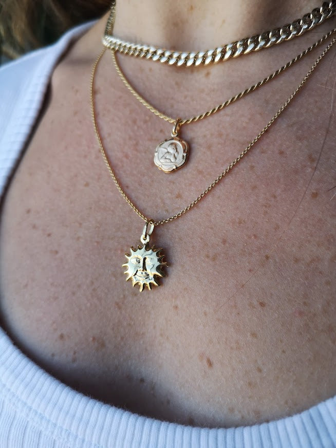 Lico Jewelry 14K Yellow Gold Sun Charm Necklaces Paired with Other Charms and Chains for Layering
