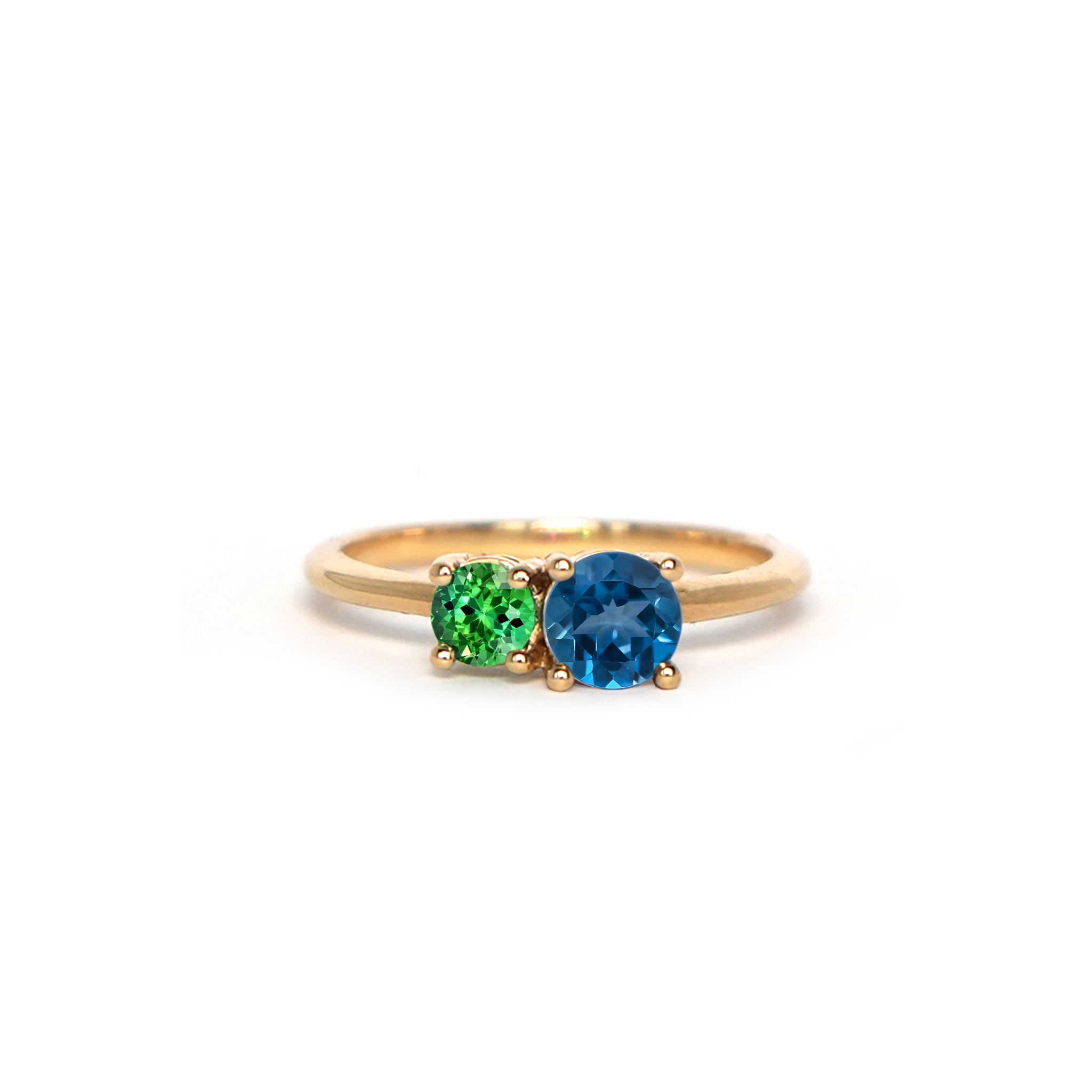 London lime ring in solid 14k yellow gold with genuine London blue topaz and chrome tourmaline