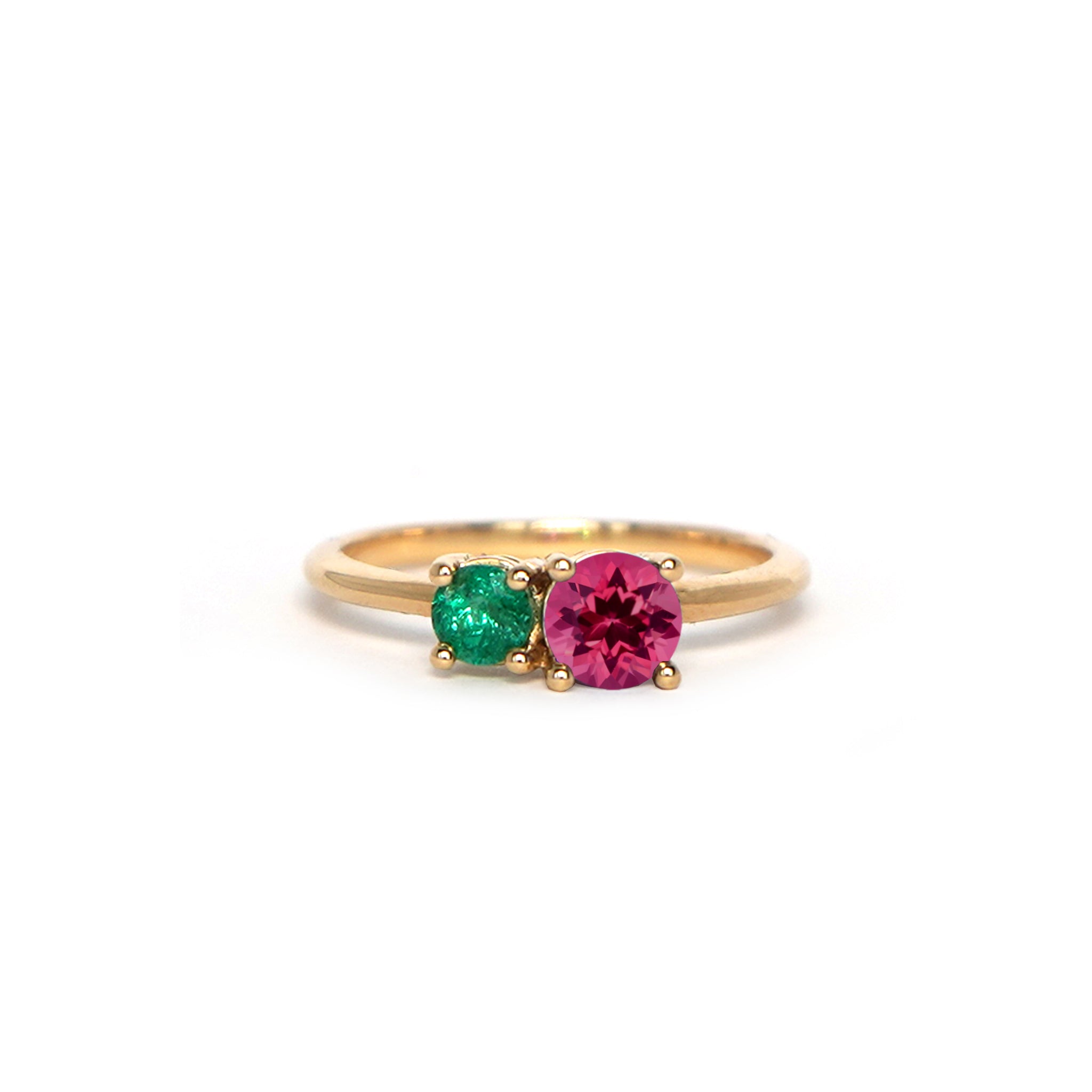Lico Jewelry's Spring Mix ring with genuine pink tourmaline and Colombian emerald in solid 14k yellow gold.