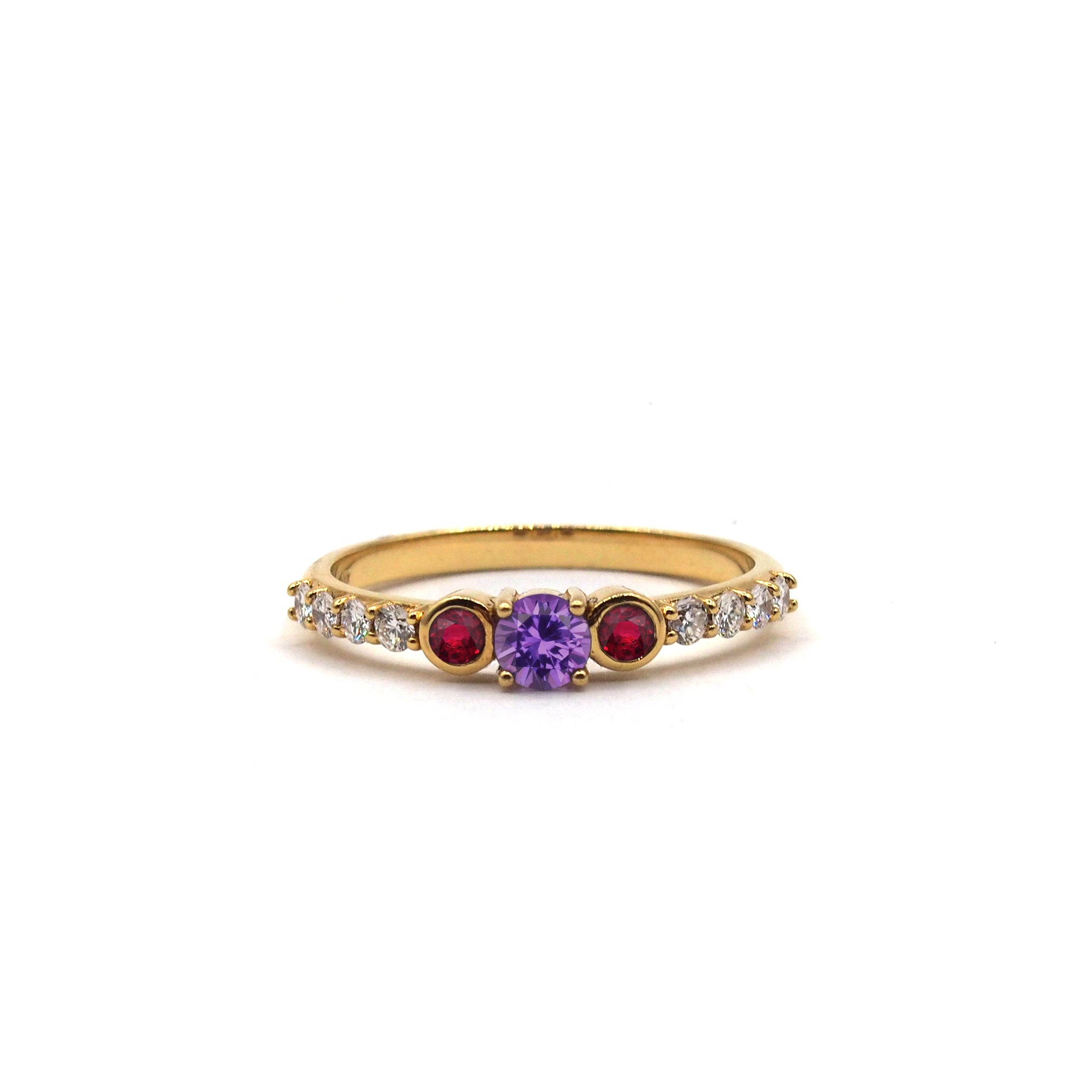Sultan Ring with Purple Sapphire, Ruby, and Diamonds set in 18k Yellow Gold on White Background - Lico Jewelry Montreal