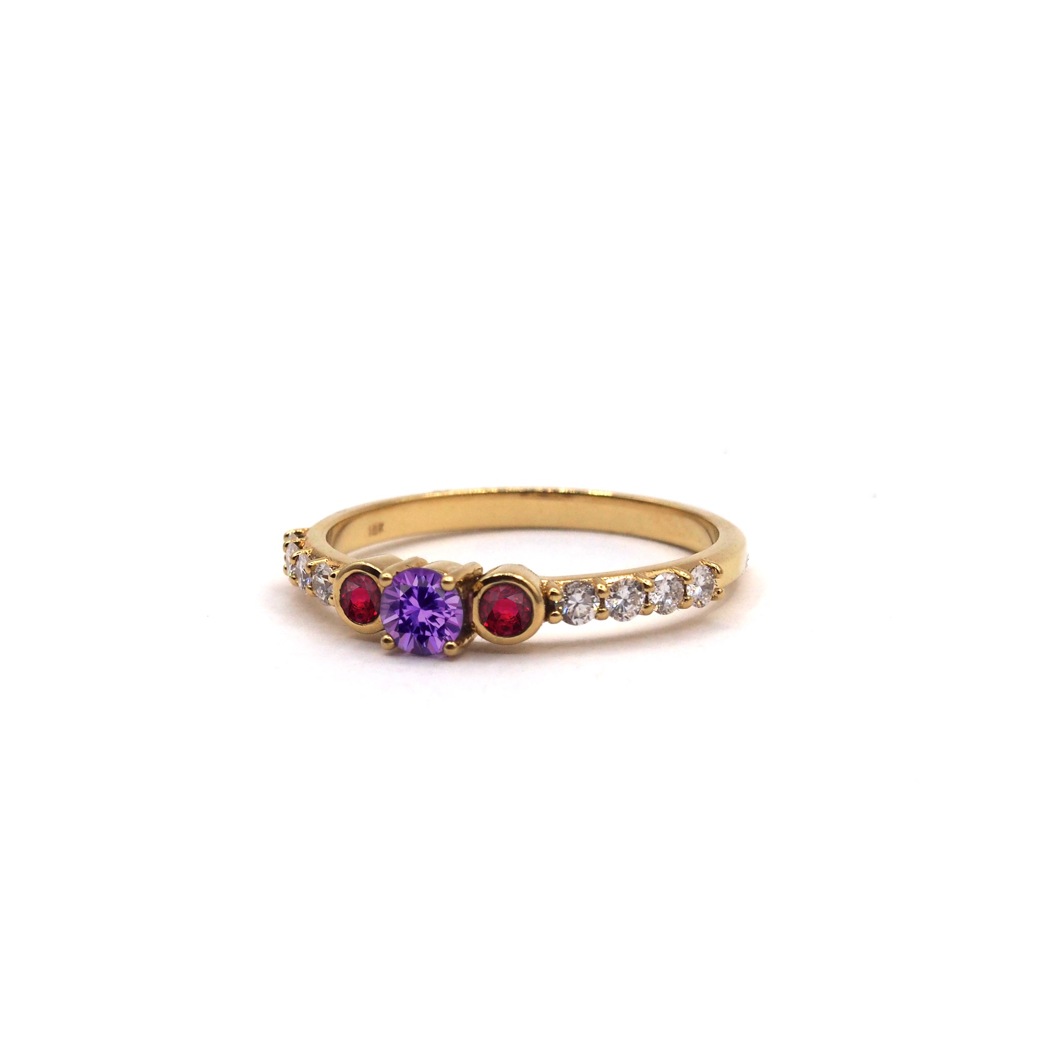 Sultan Ring with Purple Sapphire, Ruby, and Diamonds on White Background - Lico Jewelry Montreal