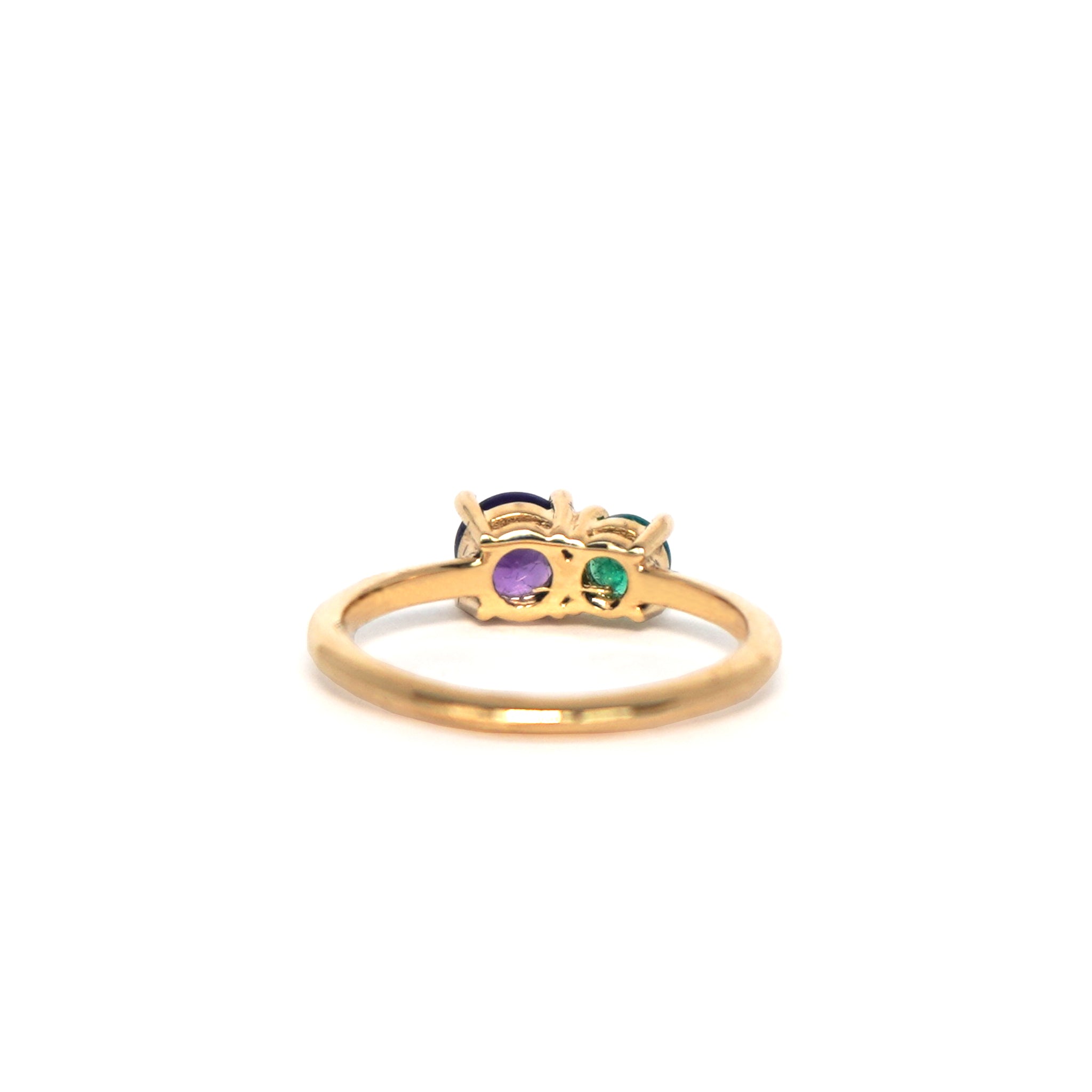 Back view of Lico Jewelry's Beetle Grape ring in solid 14k yellow gold with amethyst and Colombian emerald stones