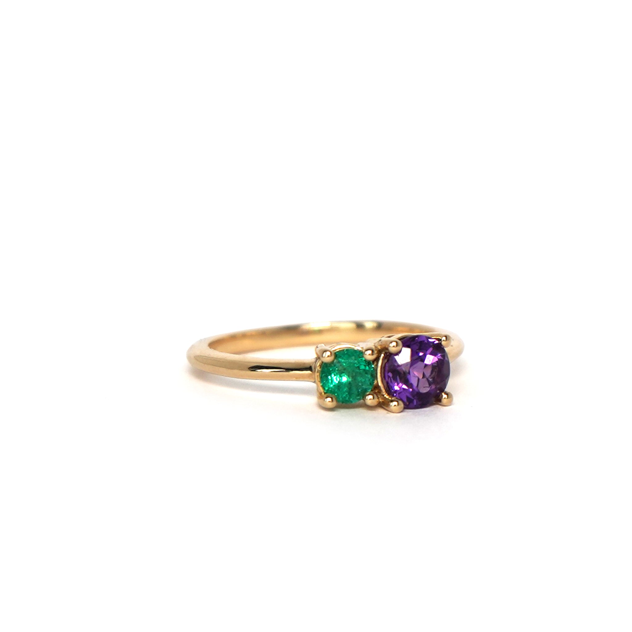 Lico Jewelry's Beetle Grape ring featuring a 0.40 ct amethyst and 0.26 ct Colombian emerald in solid 14k yellow gold