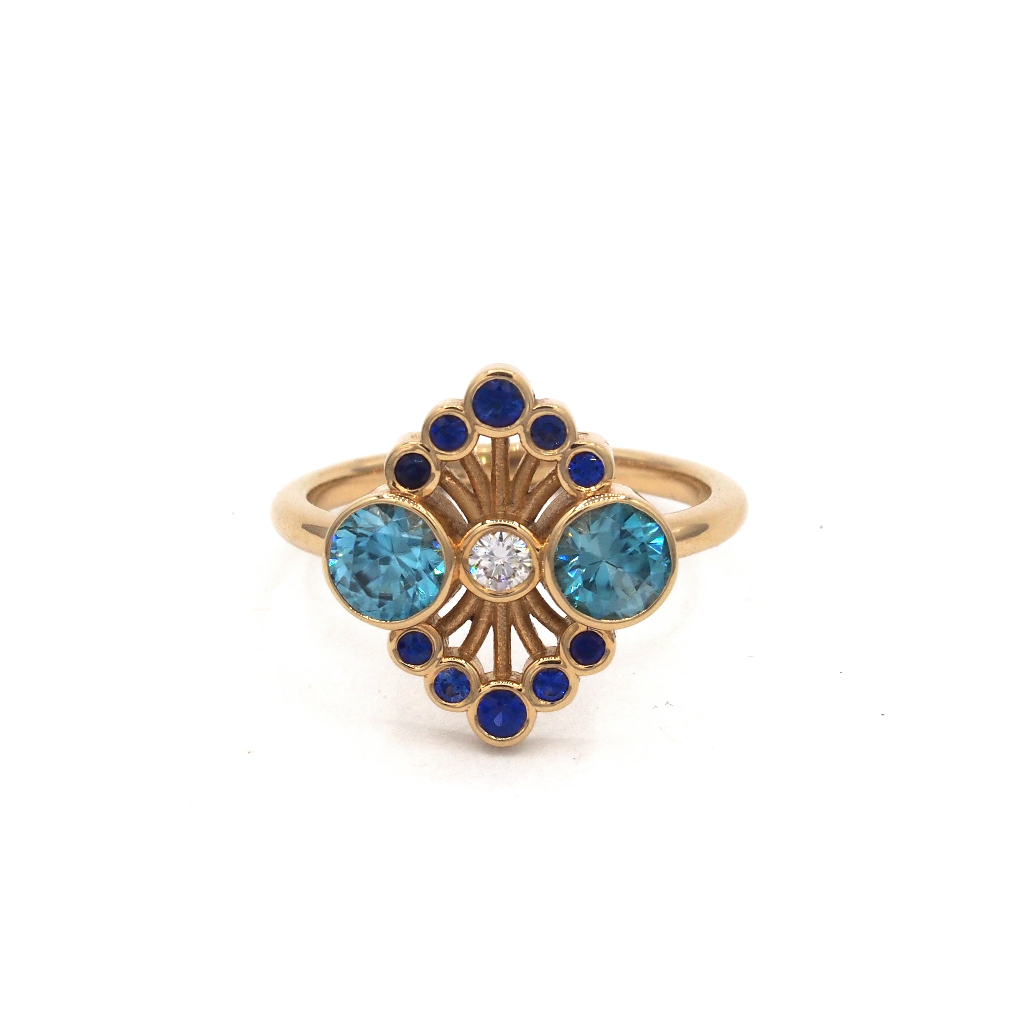 Atlantica deco ring in 14K yellow gold with natural blue zircons, blue sapphires, and diamond