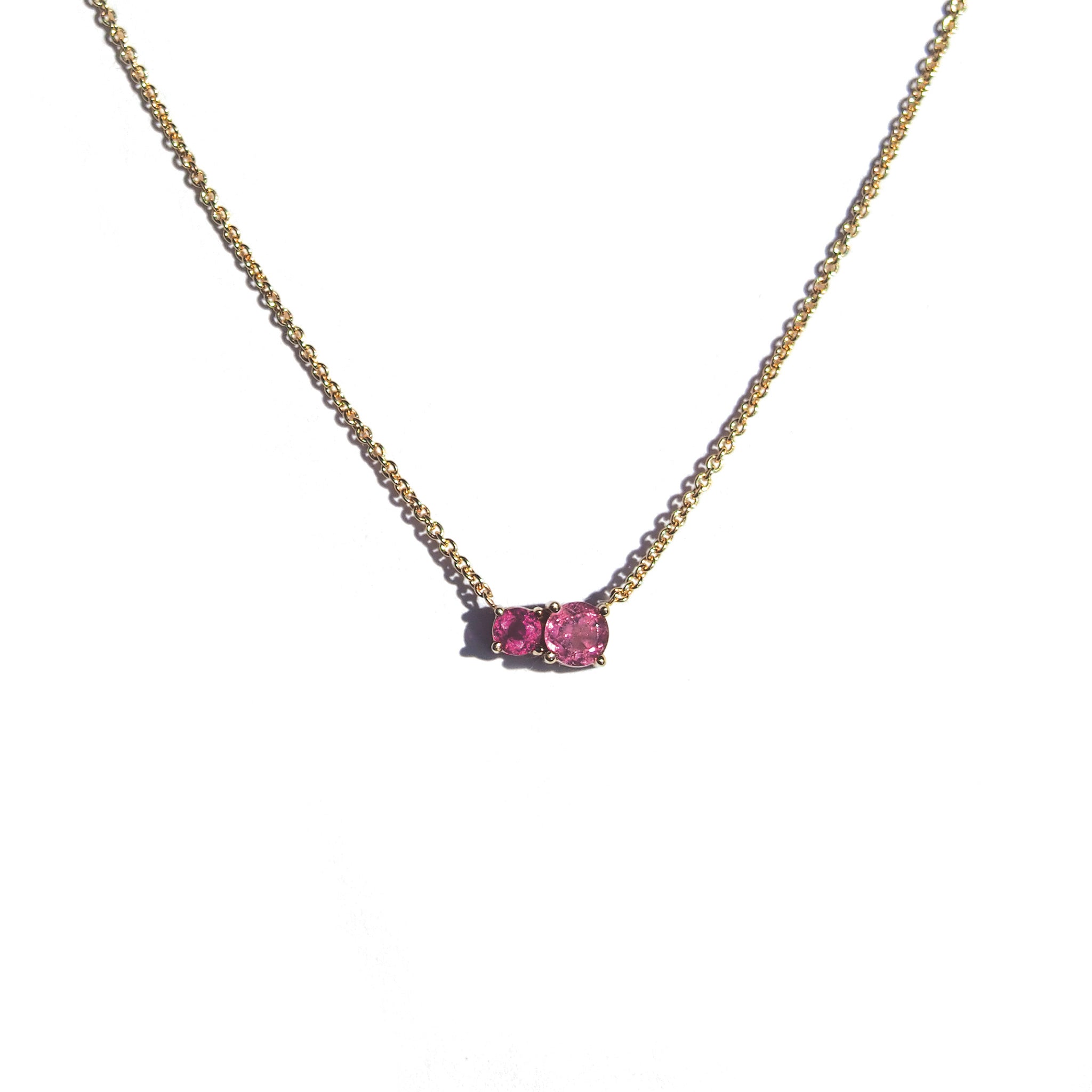 Beautiful 2 stone necklace in solid 14k yellow gold with genuine pink tourmaline and rubelite by Lico Jewelry in Montreal.