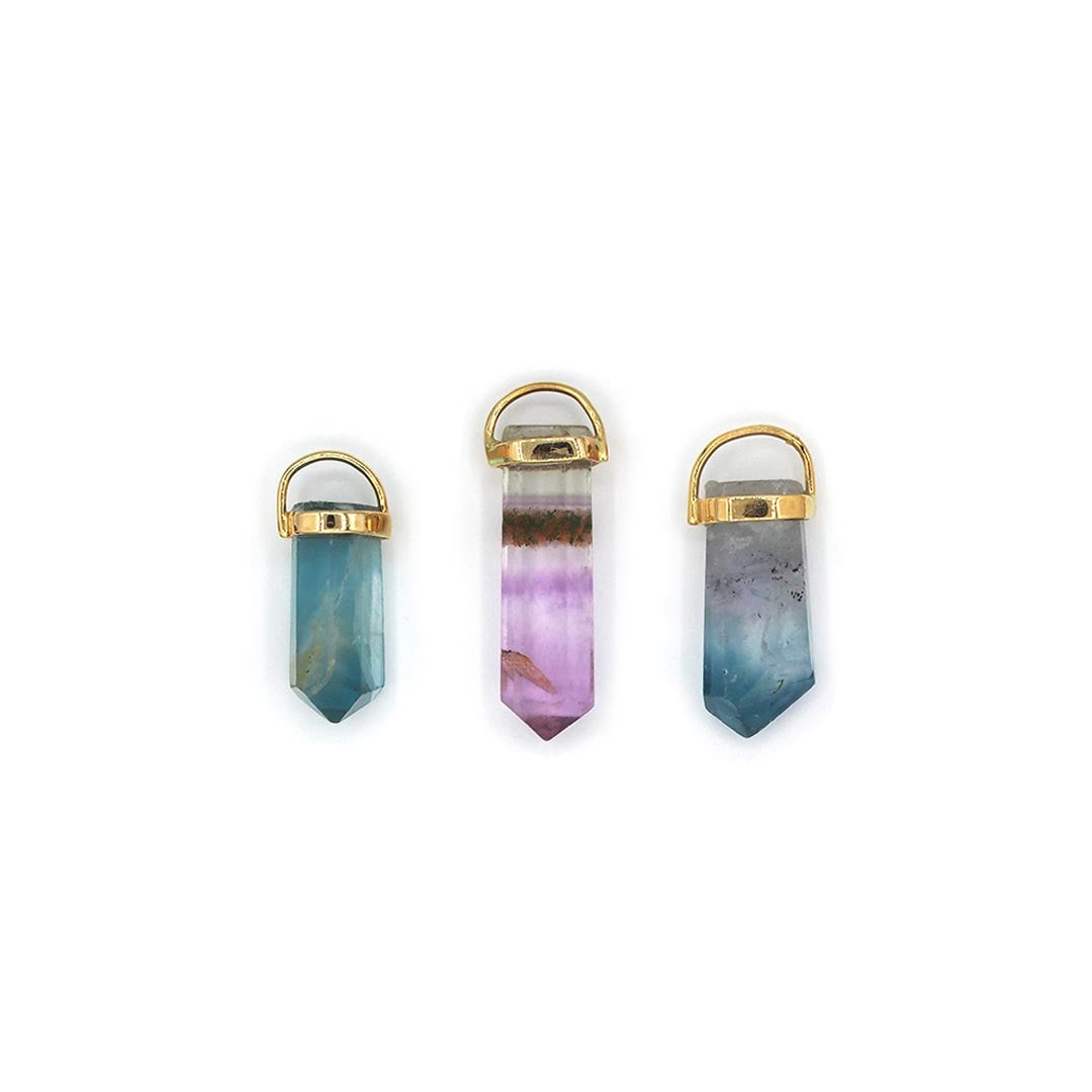 Lico Jewelry's Fluorite Crystal Pendant, handcrafted in Montreal with a genuine fluorite crystal in shades of green, lilac and a hint of brown