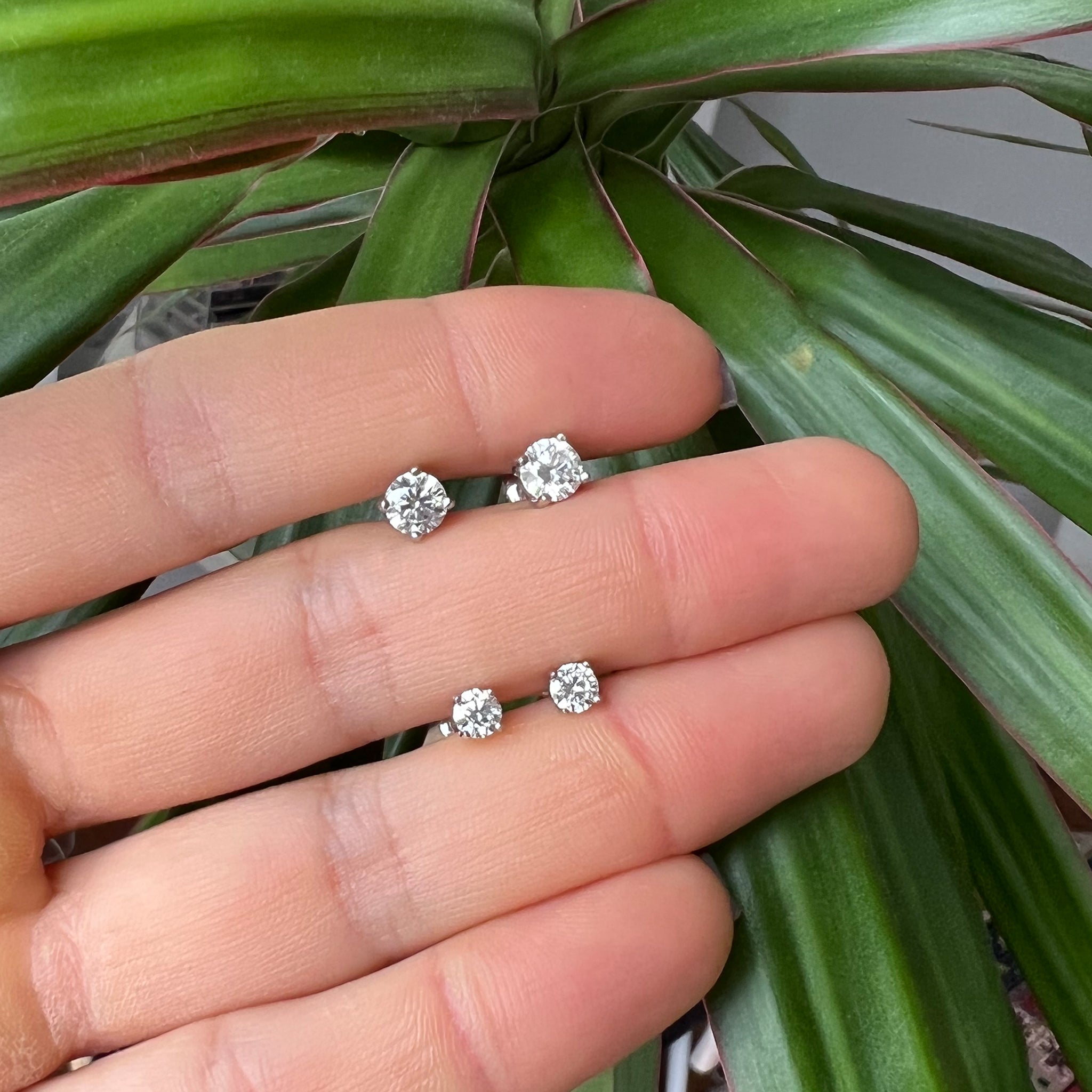 Woman's palm with green plant in background holding two sets of Lico Jewelry Lab grown diamond stud earrings 1ct
