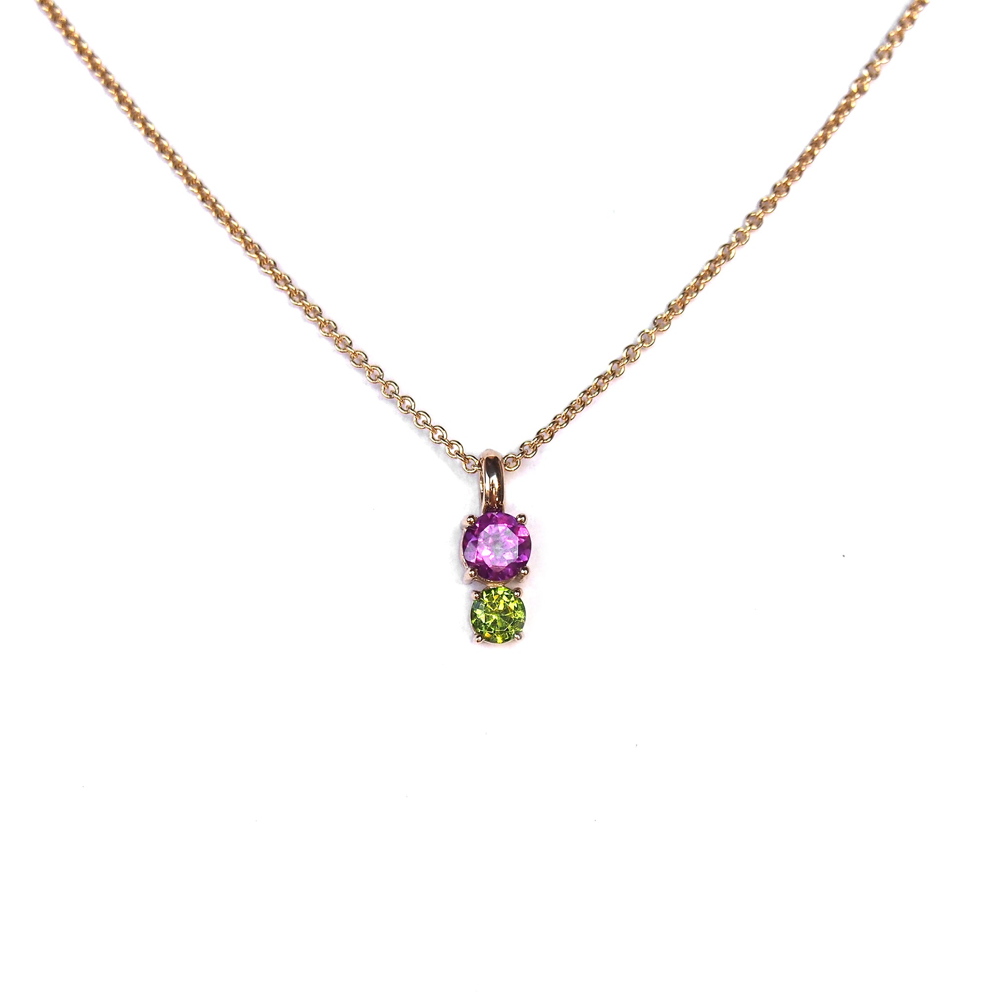 Rhododendron pendant with rhodolite garnet and peridot stones on a 20-inch rolo chain in solid 14k yellow gold