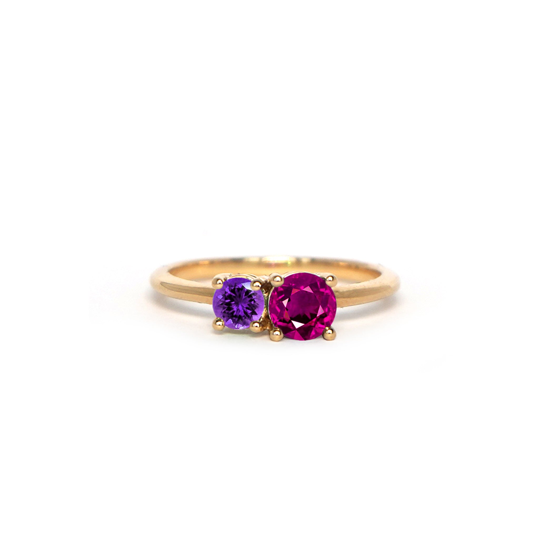 Night Lights ring by Lico Jewelry, featuring genuine rhodolite garnet and pink tanzanite on solid 14k yellow gold