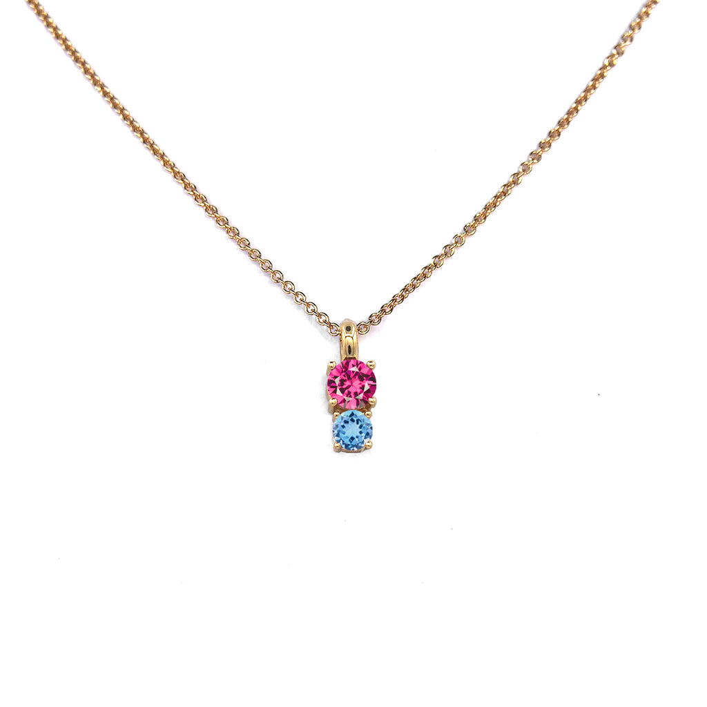 Highschool Sweetheart Pendant in solid 14k yellow gold with genuine pink tourmaline and sky blue topaz from Lico Jewelry Montreal