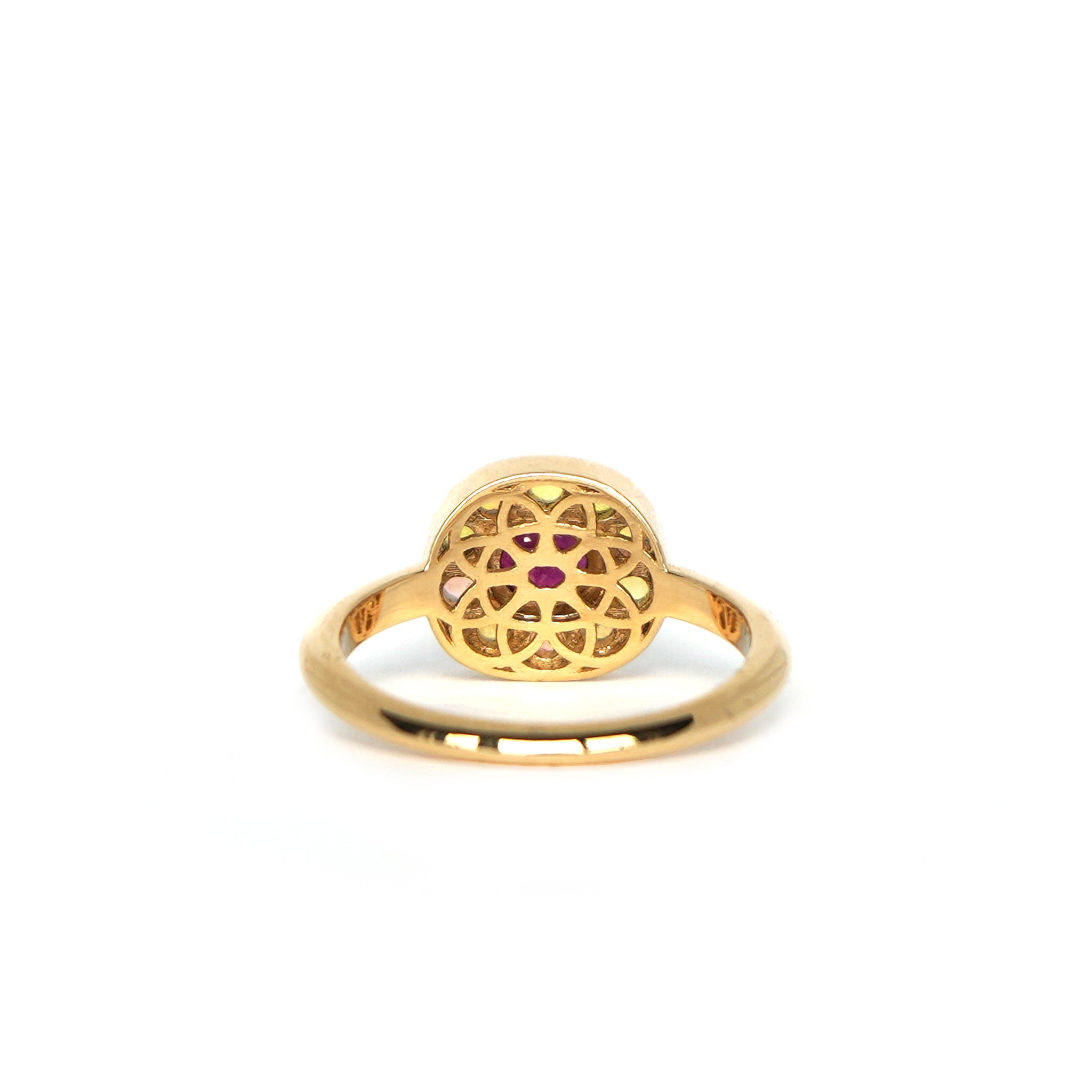 Back view of the one-of-a-kind Ruby halo ring with mini Australian opals, retro-antique inspired design by Lico Jewelry, set in solid 14k yellow gold.