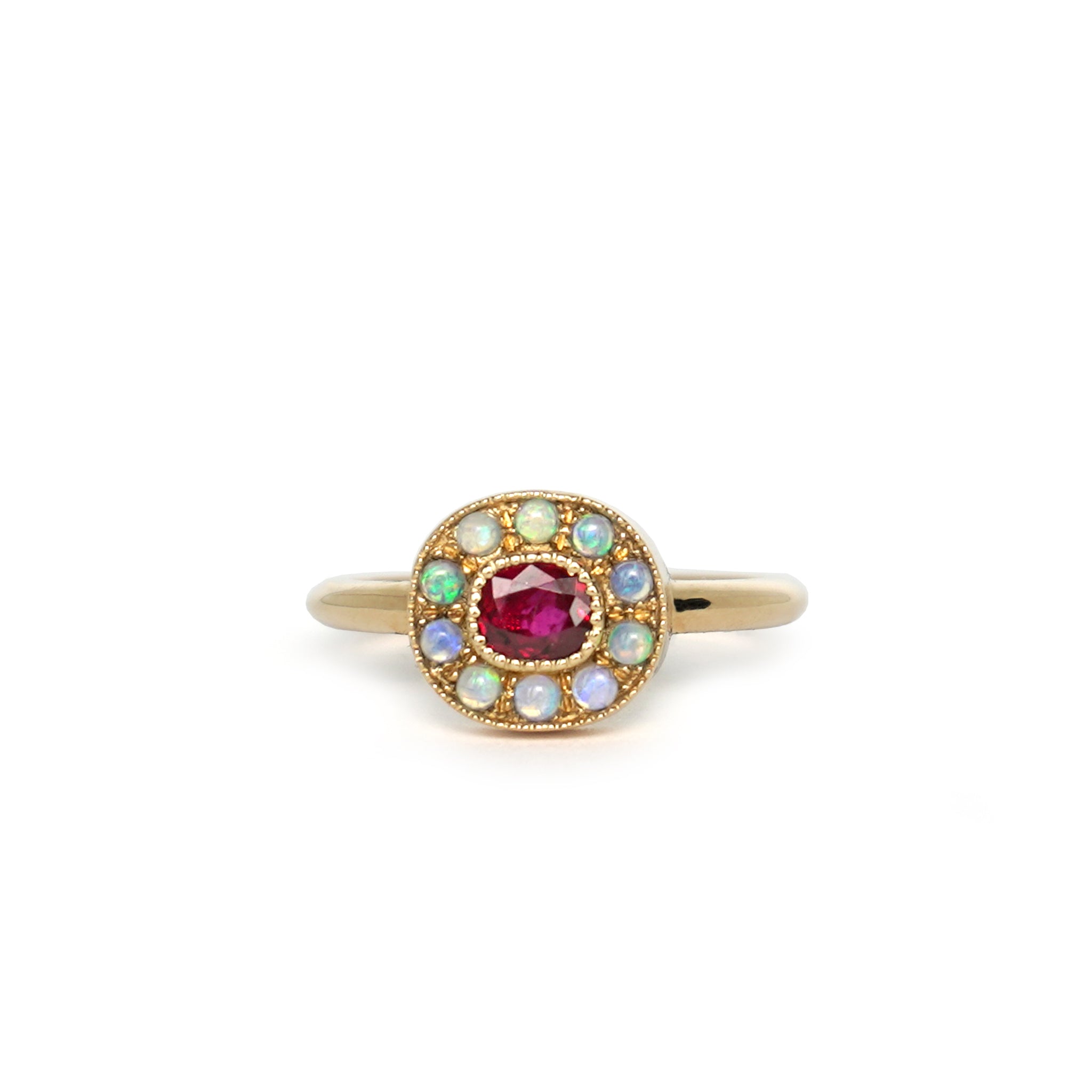One-of-a-kind Ruby halo ring with mini Australian opals, retro-antique inspired design by Lico Jewelry, set in solid 14k yellow gold.
